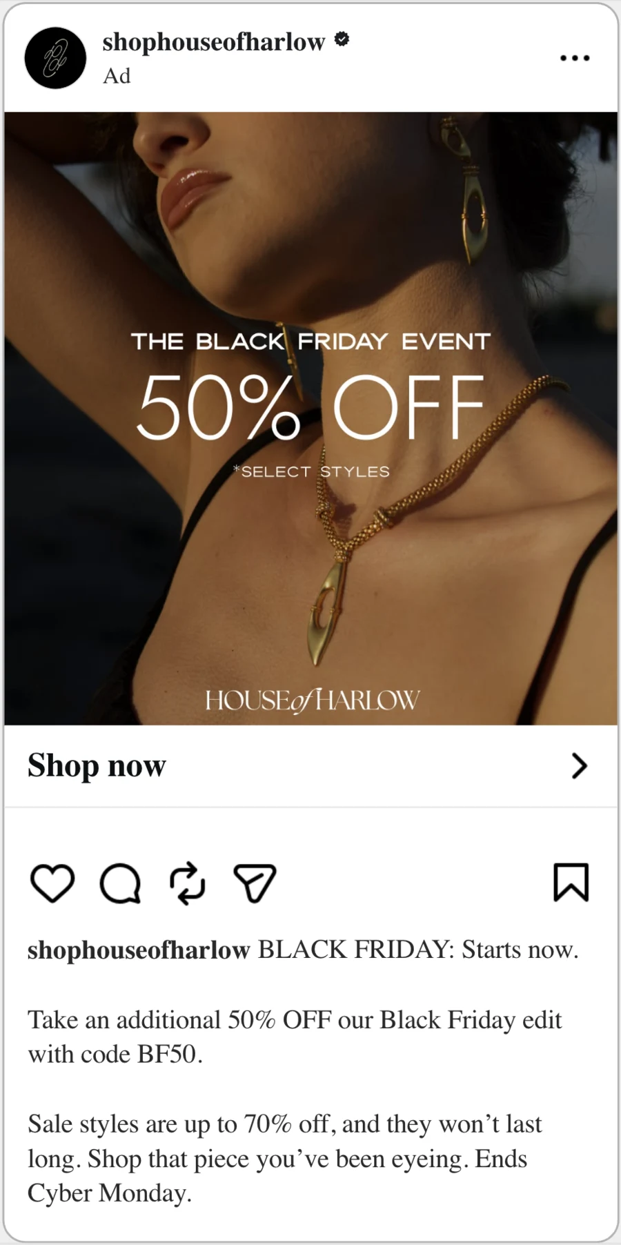 House of Harlow 50% Off Black Friday Meta ad — necklace closeup